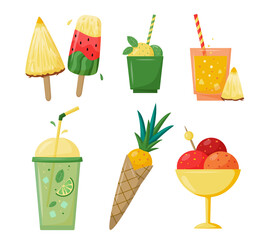 Summer drinks and ice cream. Set of stickers, patches, badges, pins. Bright summertime collection. Scrapbooking elements for beach party, cafe or bar menu. Isolated on white.