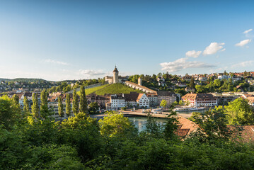 Panoramic view of old town of Schaffhausen and Munot Fortress, Canton Schaffhausen, Switzerland