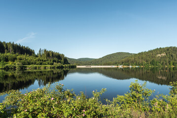 Early morning at Schluchsee, view of the dam wall, Black Forest, Baden-Wuerttemberg, Germany