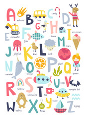 Scandinavian english alphabet for kids. Cartoon abc poster for nursery with cute doodles. - obrazy, fototapety, plakaty