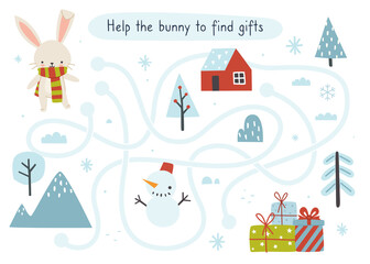 Fototapeta na wymiar Mini christmas labyrinth game for children. Winter maze with cute bunny for kids.