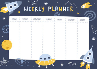 Space weekly planner with cute spaceships. Cosmic scandinavian design of timetable for kids.