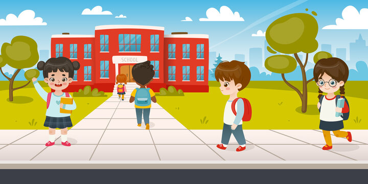 Kids go to school. Pupils on the sidewalk to school. Cute cartoon schoolchildren go to classes.