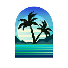 Fototapeta na wymiar Sunset With Palm Trees In Retrowave Grunge Style. Future modern icon design. vector illustration