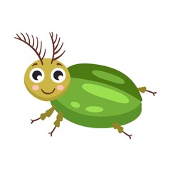 Funny smiling bug flat icon. Cartoon cute caterpillar, fly, beetle, butterfly, snail, spider isolated vector illustration. Nature and insect