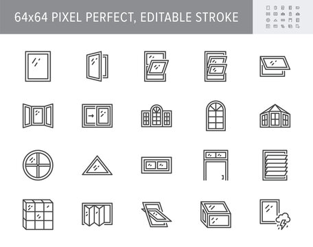 Window types line icons. Vector illustration include icon - sliding, paladian, awning, basement, transom, accordion, skylight, outline pictogram for architecture. 64x64 Pixel Perfect, Editable Stroke