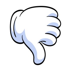 Cartoon hand in white gloves shows dislike flat icon. Human character hand pointing with finger, waving, showing, thumbing up vector illustration