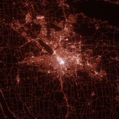 Syracuse city lights map, top view from space. Aerial view on night street lights. Global networking, cyberspace