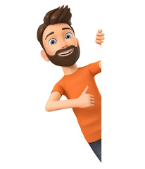 Cartoon character guy in orange t-shirt showing thumbs up isolated on white background. 3d render illustration.