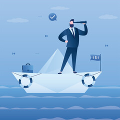 Business leader sailing on paper boat in ocean of opportunities to goals. Businessman on origami paper ship. Leadership. Global vision, creativity. Search new ideas for business.