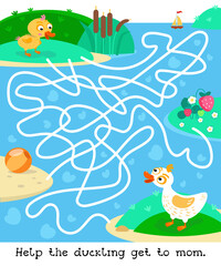 Maze game, activity for children. Help the duckling get to mom. Trace his path. Vector illustration.