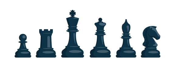 Chess. Set of black chess pieces. Knight, rook, pawn, bishop, king, queen. Vector image.
