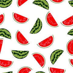 Seamless vector pattern with watermelon slices on a white background. Watermelon quarters with striped skin. Pieces of juicy watermelon.
