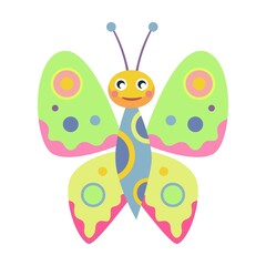 Funny smiling butterfly flat icon. Cartoon cute caterpillar, fly, beetle, butterfly, snail, spider isolated vector illustration. Nature and insect