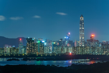 Night scenery of skyline of Shenzhen city, China. Viewed from Hong Kong border