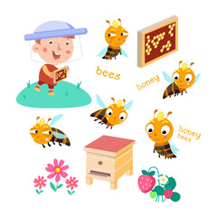 Cute beekeeper and bees near the beehive. Vector color illustrations on white background. Icons for design of posters, books, puzzles.