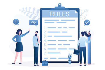 Rules and regulations document. Staff read policy and guideline for employee to follow. Legal term, corporate compliance or laws, standard procedure. Approving and disagreement with new rules.