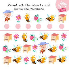 Game for children. How many objects do you see here. Count and write numbers. Activity, color vector illustration. Cute beekeeper and bees near the beehive.