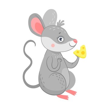 Funny mouse character flat icon. Cute happy mouse eating cheese isolated vector illustration. Cartoon mice concept