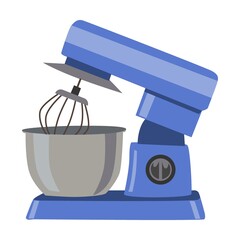 Mixer with bowl. Cooking equipment, mixer, flour, different kinds of bread isolated on white. Vector illustration