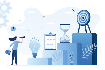 Steps of business development - from idea to successful completion. Businesswoman uses spyglass. Planning new startup, risk management, achieving goals. Stages of business project.