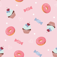Seamless pattern with cupcake and donut.