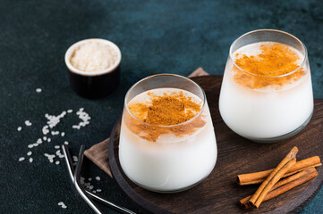 Delicious Horchata with cinnamon in the top. Rice water. Valencian Horchata made with rice, milk and cinnamon topping. Mexican drink. Vegetarian cocktail. Rice milk.