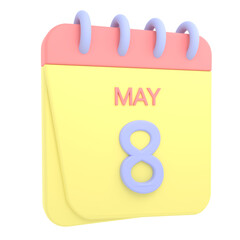 8th May 3D calendar icon. Web style. High resolution image. White background