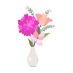 Colorful flower bouquet in vase flat icon. Bunch of plants vector illustration. Rose, sunflowers, tulips and others. Decoration and nature
