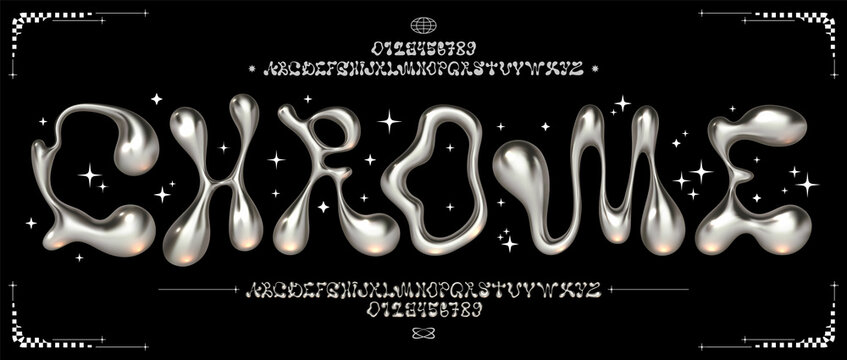 Chrome Y2K font. Liquid metal alphabet, melted steel letters and funky numbers. Glossy 3D flux typeface vector set