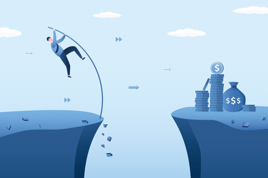 Confident businessman is pole vaulting over an abyss. Risk management. Money gap. Successful path to wealth, high earnings. Development of skills for high incomes.