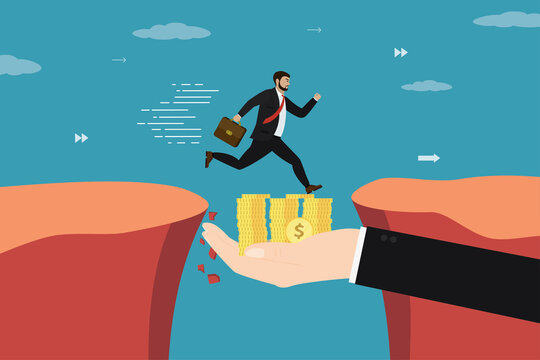 Hand helping businessman overcoming obstacles. Money gap, financial help for business or citizen. Bank loan, credit line. Way to wealth. Teamwork, collaboration. Business risk and success.