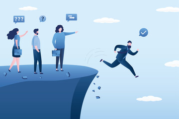 Wrong decision making, concept. Stupid or crazy boss manager pointing order employees to jump off cliff. Incompetent leader. Mistake lead company and employees to sabotage,