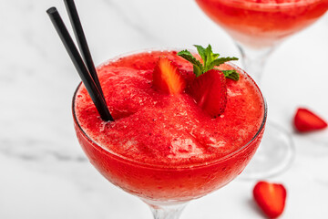 strawberry frose cocktail with pink wine Frose Slushy Smoothy Alcoholic Beverage. Boozy Frozen Rose...