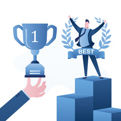 Award ceremony. Winner or champion stands on podium. Big hand gives winner cup to first-place man. Business reward for businessman or employee. Sport prize after competition.