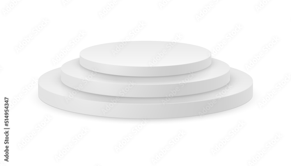 Poster white realistic 3d round podiums, isolated minimal scene for products showcase. vector illustration 
