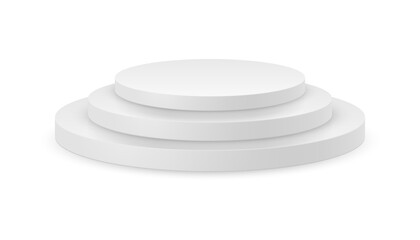 White realistic 3D round podiums, isolated minimal scene for products showcase. Vector illustration of steps pedestal, abstract studio platforms of circle shape. Promotion display podium, showroom
