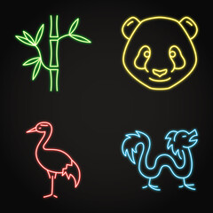 Chinese national symbols neon icon set