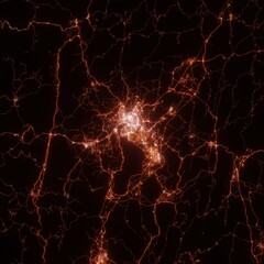 Kunming city lights map, top view from space. Aerial view on night street lights. Global networking, cyberspace