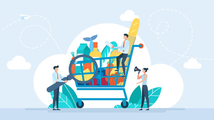 Examination of the quality of food products. Self-service supermarket full shopping trolley cart with fresh grocery products. Tiny people are considering a purchase. Vector flat design illustration © Yurii