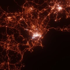 Shantou city lights map, top view from space. Aerial view on night street lights. Global networking, cyberspace