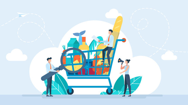Examination of the quality of food products. Self-service supermarket full shopping trolley cart with fresh grocery products. Tiny people are considering a purchase. Vector flat design illustration