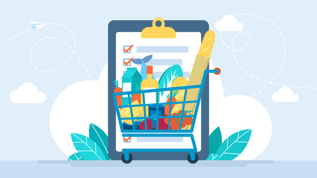 Food shopping list. App for purchase. Folder with records. Self-service supermarket full shopping trolley cart with fresh grocery products. Rational use of resources. Vector illustration. Flat design