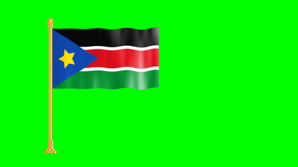 South Sudan waving flag with golden stand isolated on green screen. Smooth fabric South Sudan national flag.