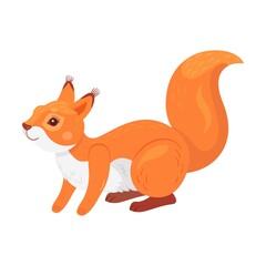 Animal with furry tail holding nut, jumping, moving. Cute red squirrel. Flat vector illustrations for wildlife, mammals, forest fauna