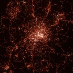 Pyongyang city lights map, top view from space. Aerial view on night street lights. Global networking, cyberspace