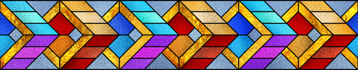 Stained glass window. Abstract colorful stained-glass background. Art Deco geometric decor for interior. Modern 3d pattern with optical illusions. Luxury modern interior. Transparency. Multicolor.