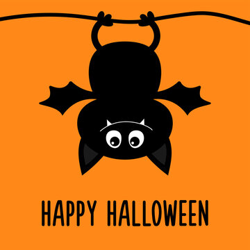 Happy Halloween. Cute bat hanging. Cartoon kawaii funny baby animal charater. Black silhouette. Greeting card. Flat design. Orange background. Isolated.