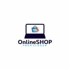 Illustration online shop logo template design with paper bag and 
laptop sign