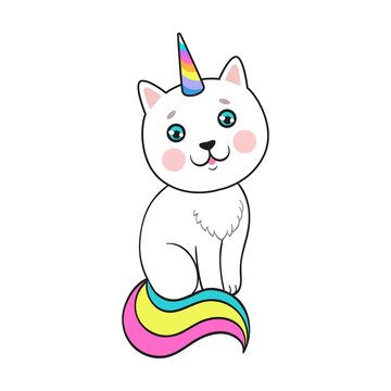 Funny rainbow unicorn cat. Cute cartoon kitty playing with magic stick or sleeping. Flat vector illustration